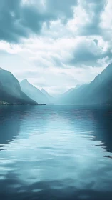 Sky-mirrored mountain fjord holding its breath in blue hush.