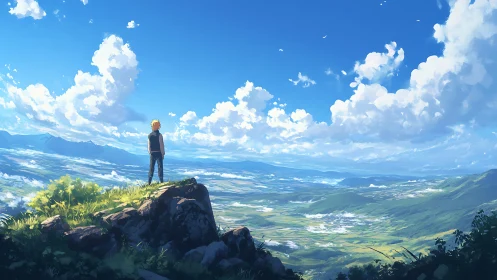 Anime panoramic landscape with solitary figure on cliff edge.