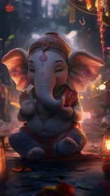 Childlike Ganesha figure seated in festive illuminated setting