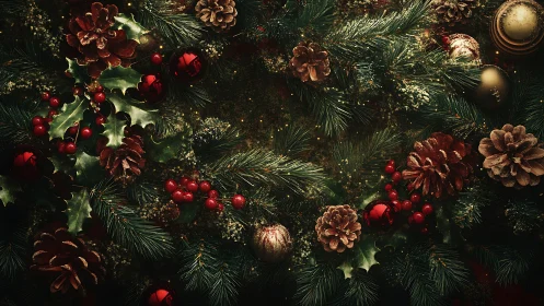 Sparkling Christmas wreath glows with pinecones and berries