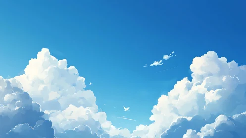 Digital sky illustration shows cumulus clouds and distant birds