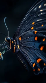 Midnight butterfly armor aglow with ember-bright constellations.