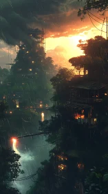 Rainy jungle gorge with glowing cliffside tree village.