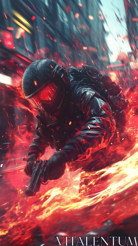 Flame-soaked street warrior dives through a molten crossfire