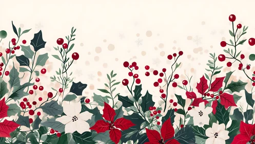 Stylized poinsettia and holly border uses flat vector shading and layered bokeh