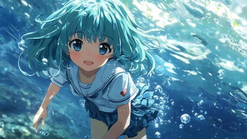 Schoolgirl swims underwater with luminous bubbles and light