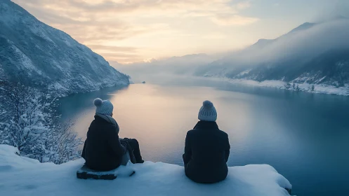 Photorealistic winter lake vista with two seated figures.