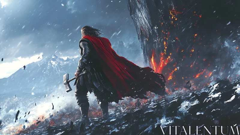 Storm-walker in red cape stands firm before burning cliff face