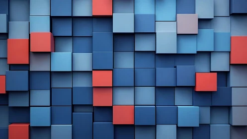 3D Abstract Pattern of Blue and Red Cubes in Modern Minimalist Style.