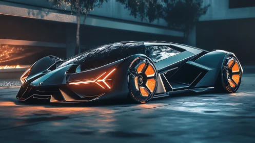 Midnight electric supercar glowing with bold neon lines.