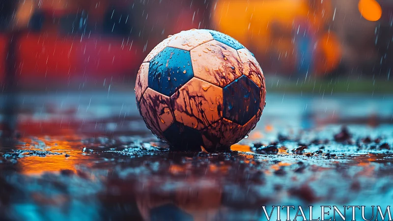 Photorealistic wet soccer ball in rain-soaked street scene.