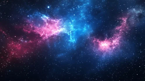 Vibrant pink and blue nebula clouds span dense starfield