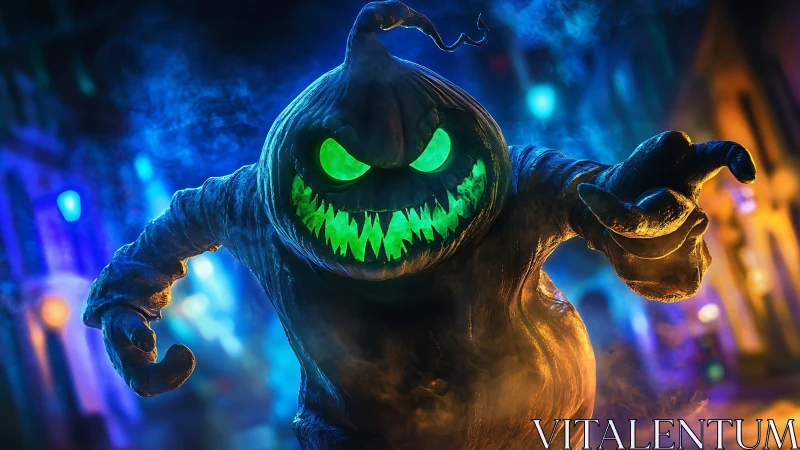 Glowing pumpkin monster lunges through a neon haunted street