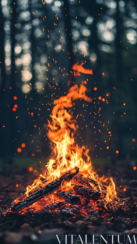 Crackling Campfire Against Dark Forest Background