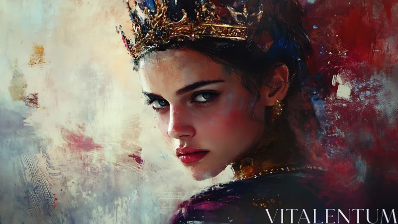 Regal young queen in jeweled crown amid abstract color storm.