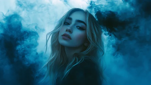 Moody blonde portrait emerging from swirling blue smoke.