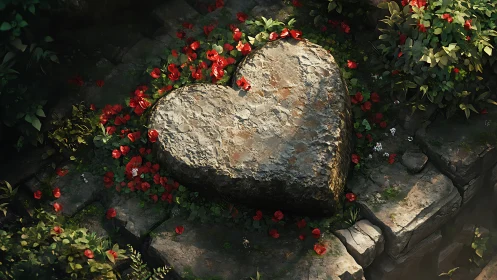 Heart-shaped stone sculptural form surrounded by dense red roses