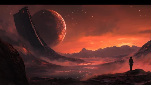 Stellar rupture over alien lava plain with monolith horizon.