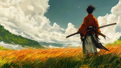 Lone wandering samurai surveys a storm-kissed golden field.