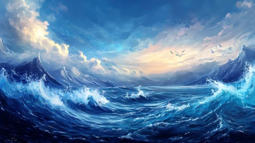 Stormy blue seascape with waves under bright sky.