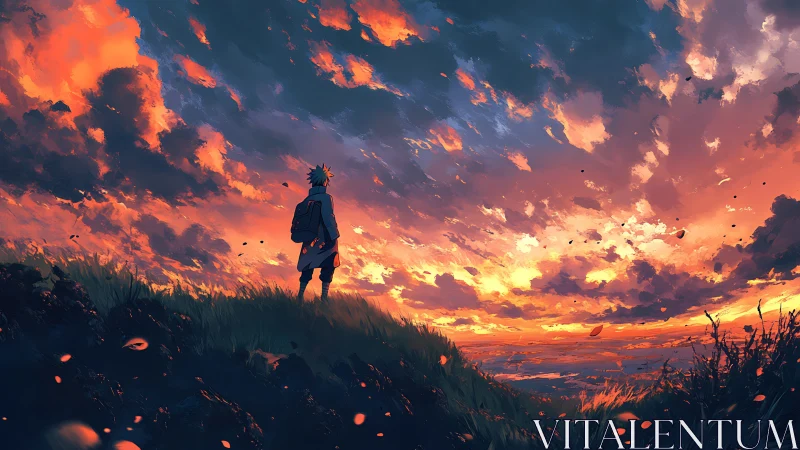 Lone wanderer studies blazing sunset sky over windswept hill.