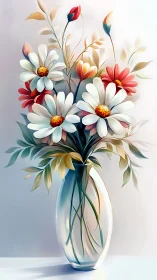 Floral Arrangement in Glass Vase with White and Red Daisies.