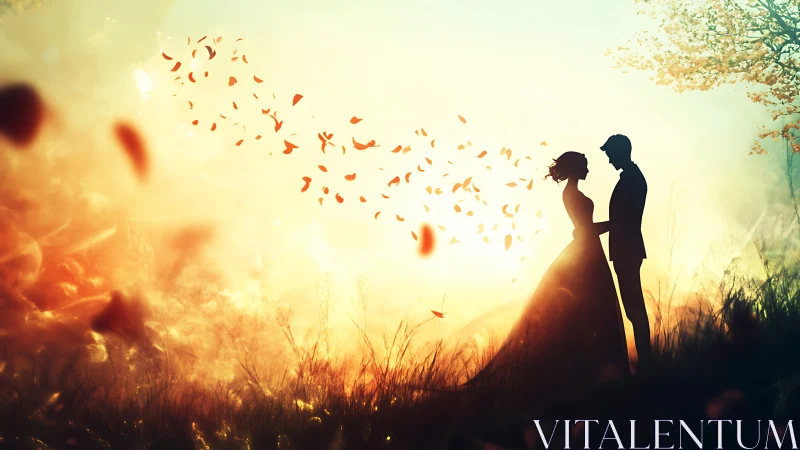 Romantic couple silhouetted in autumn sunset with falling leaves.