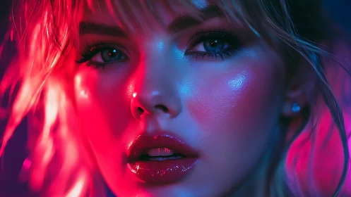 Neon-drenched gaze burns through electric twilight glow.
