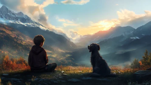 Sunset mountain moment shared by a quiet boy and his dog.