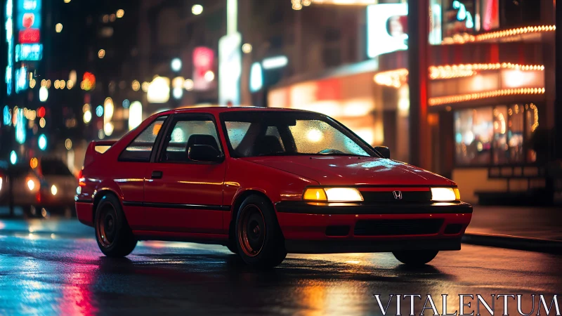 Red night runner glows under neon rain on city streets