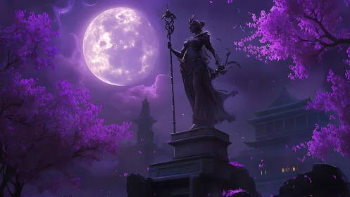Moonlit goddess statue stands amid violet cherry blossoms