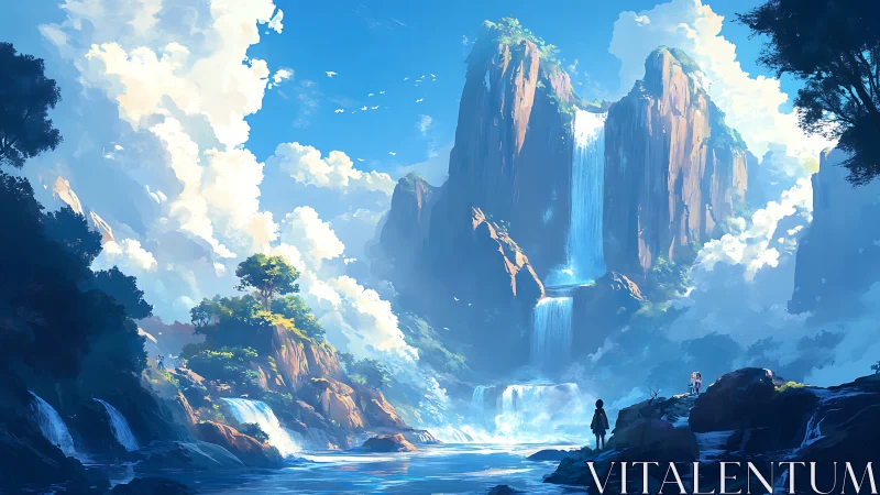 Majestic cliffside waterfalls under a bright summer sky.