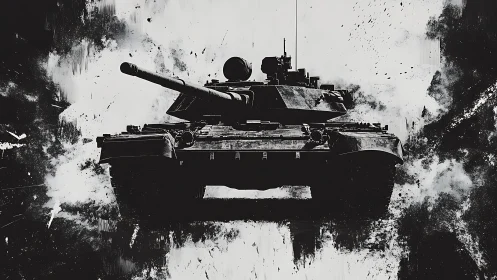 Monochrome battle tank surges through splintered inkstorm.
