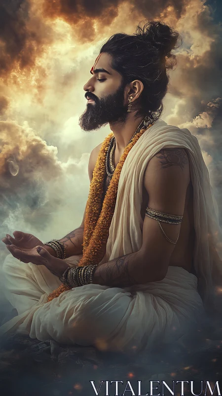 Mystic yogi meditates in luminous stormlit clouds