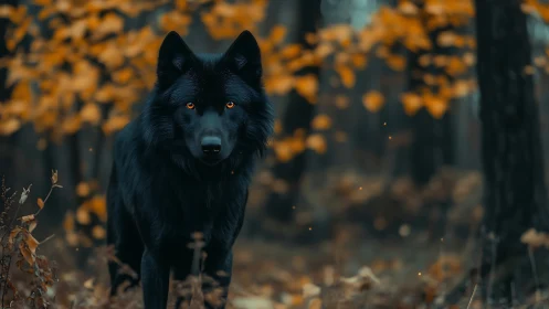 Photorealistic black wolf portrait in autumn woodland bokeh.