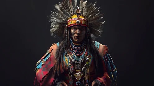 Portrait shows indigenous chief in ornate feathered regalia