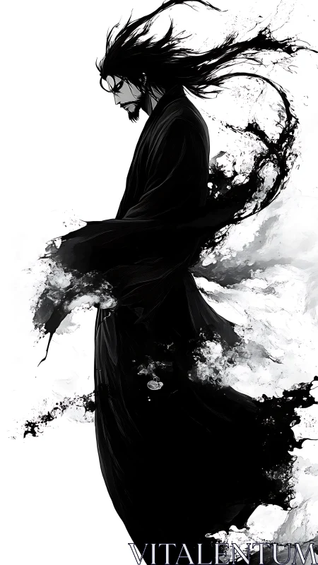 Monochrome ink warrior dissolving into abstract smoke flow