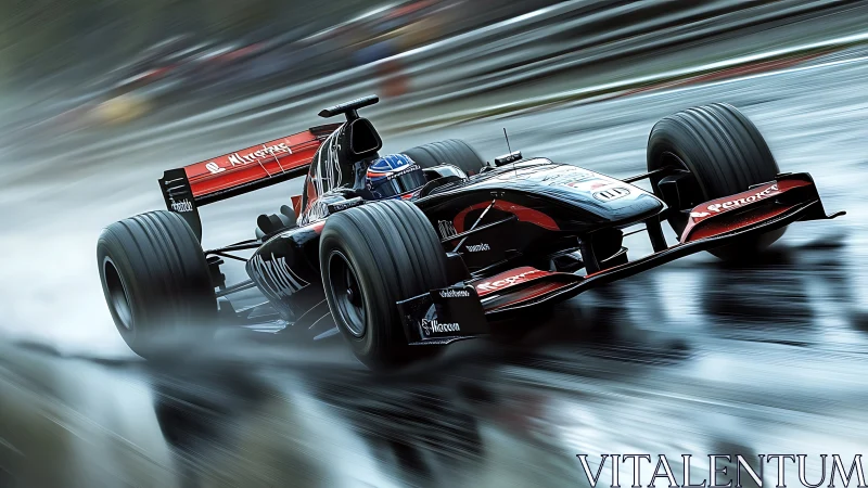 Formula race car on wet track at high speed motion blur.
