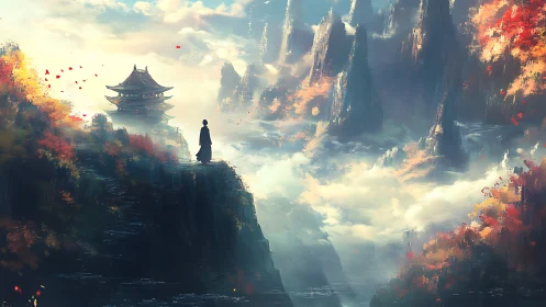 Solitary monk above misty valley and autumn pagoda vista.