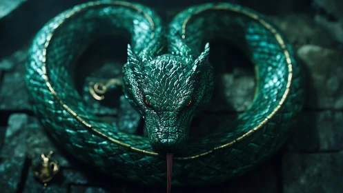 Emerald serpent guardian coiled in shimmering ancient stone.
