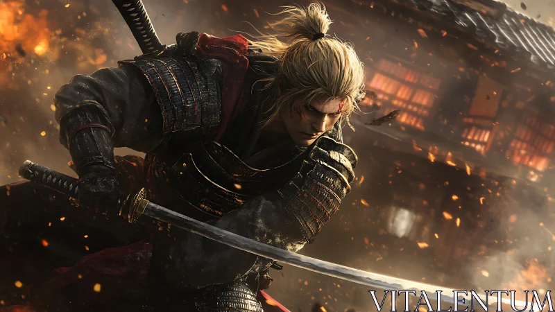 Armored samurai warrior fighting amid burning village.