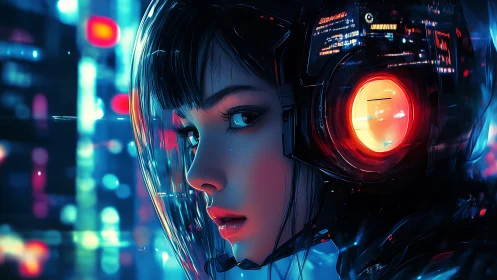 Cyberpunk helmeted woman in neon lit futuristic cityscape.
