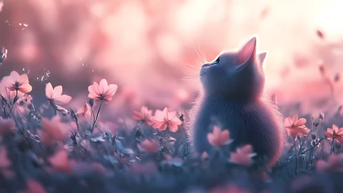 Kitten Gazes Upward in Pink Floral Field.