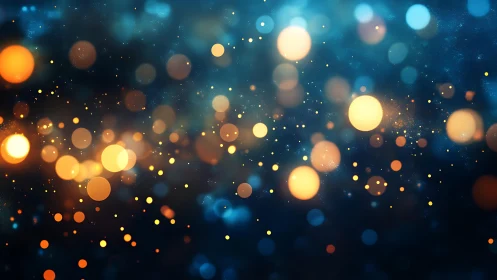 Abstract glowing bokeh lights on dark blue background, digital art.