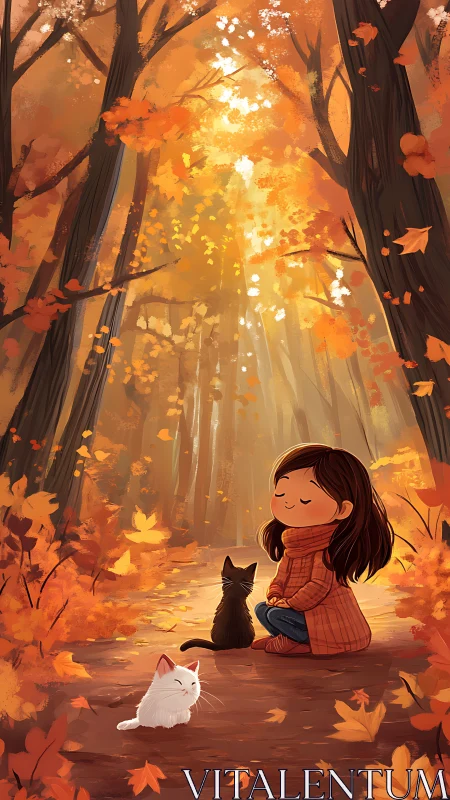 Girl and Cats Find Peace in Golden Autumn Forest Light
