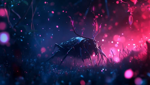 Neon-lit stag beetle strides through an ethereal forest.