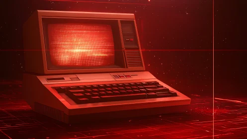 Retro terminal glows in a neon red digital gridscape.