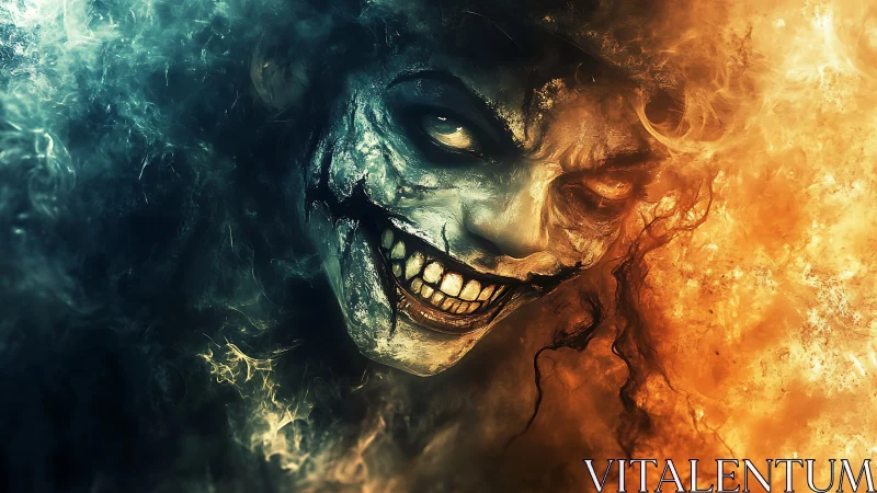 Bifurcated demonic face rendered in contrasting fire and smoke