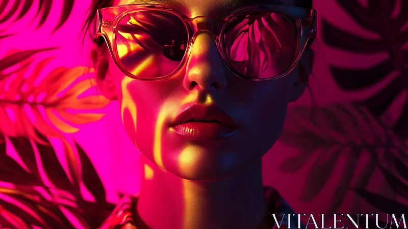 Neon-lit portrait isolates reflective sunglasses in bold contrast