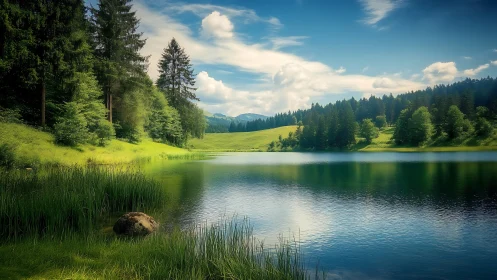 Calm forest lake with trees, grass banks and soft clouds.
